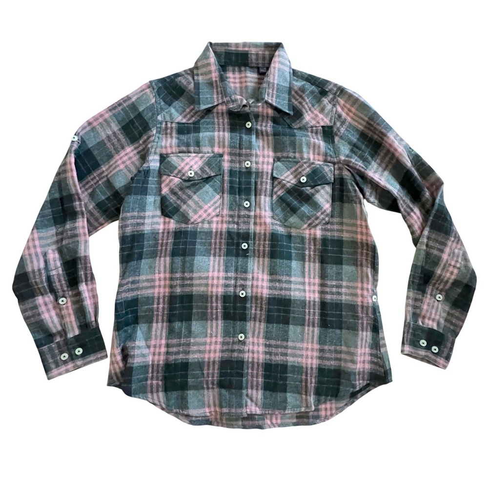 Luxury Design in Italy Shirt Women M Pink Plaid Flannel Roll Tab Button Up 5755